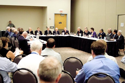KENNEDY SPACE CENTER, FLA.  -   The Return To Flight Task Group (RTFTG) holds its first public meeting at the Debus Center, KSC Visitor Complex.   The group is co-chaired by former Shuttle commander Richard O. Covey and retired Air Force Lt. Gen. Thomas P. Stafford, who was an Apollo commander.  The
