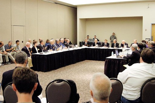 KENNEDY SPACE CENTER, FLA.  -  The Return To Flight Task Group (RTFTG) holds its first public meeting at the Debus Center, KSC Visitor Complex.   The group is co-chaired by former Shuttle commander Richard O. Covey and retired Air Force Lt. Gen. Thomas P. Stafford, who was an Apollo commander.  The 