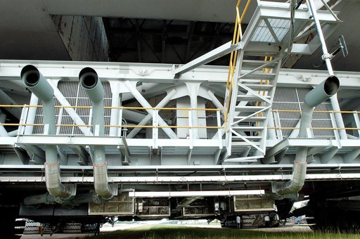 KENNEDY SPACE CENTER, FLA.  -  A closeup of crawler-transportation (CT) number 2 shows the new muffler system on the vehicle.  The CT also recently underwent modifications to the cab.   The CT is transporting a Mobile Launch Platform (MLP).  The CT moves Space Shuttle vehicles, situated on the MLP, 