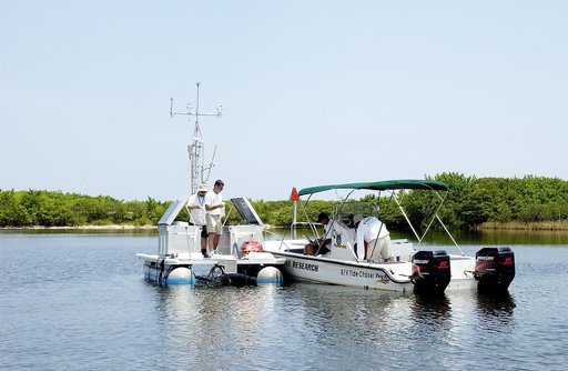 KENNEDY SPACE CENTER, FLA.  -  Researchers utilize several types of watercraft to conduct underwater acoustic research in the Launch Complex 39 turn basin.  Several government agencies, including NASA, NOAA, the Navy, the Coast Guard, and the Florida Fish and Wildlife Commission are involved in the 