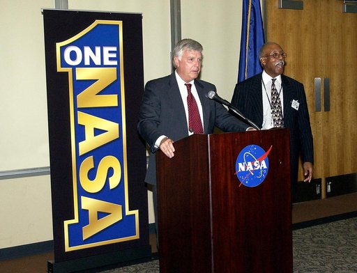KENNEDY SPACE CENTER, FLA.  -   KSC Director Jim Kennedy and Glenn Research Center Director Dr. Julian Earls share the stage during the rollout of the One NASA initiative at KSC.  Earls gave a motivational speech during the luncheon held at the Visitor Complex Debus Conference Center.  The event was