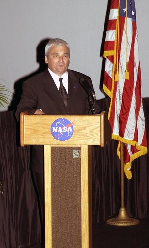 KENNEDY SPACE CENTER, FLA.  -  Dryden Flight Research Center Director Kevin Peterson talks about One NASA during the rollout of the Agency initiative at KSC.  The event was held at the IMAX Theater® where NASA leaders discussed One NASA with selected employees.  Explaining how their respective cente
