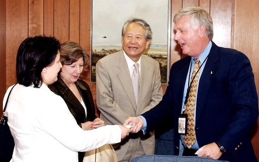 KENNEDY SPACE CENTER, FLA. - KSC Director James W. Kennedy receives Consul General of Japan Ko Kodaira and his family in his office in Headquarters Building during their visit to Kennedy Space Center (KSC). From left are Kodaira's daughter Reiko, his wife Marie, Kodaira, and Kennedy. Kodaira is tour