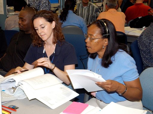 KENNEDY SPACE CENTER, FLA. -   Workers in the Space Station Processing Facility look over paperwork during a Multi-Element Integrated Test (MEIT) of the U.S. Node 2 and the Japanese Experiment Module (JEM).   Node 2 attaches to the end of the U.S. Lab on the ISS and provides attach locations for the