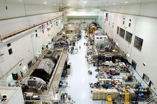 KENNEDY SPACE CENTER, FLA. -  Various elements intended for the International Space Station are lined up in the Space Station Processing Facility.  The newest to arrive at KSC are in the rear: at left, the U.S. Node 2, and next to it at right, the Japanese Experiment Module (JEM).  The two elements 