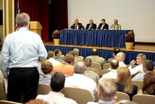 KENNEDY SPACE CENTER, FLA. -  Representatives from the Shuttle program and contractor team are part of Center Director Jim Kennedy’s first all-hands meeting for employees. From left are Kennedy, Bill Pickavance, Mike Wetmore and Bert Garrido.   They were on hand to discuss the Columbia Accident Inve