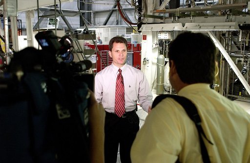 KENNEDY SPACE CENTER, FLA. -  NASA Vehicle Manager Scott Thurston talks to the media in the Orbiter Processing Facility.  The media was invited to see the orbiter Atlantis as it is being prepared for Return to Flight.  Both local and national reporters representing print and TV networks were able to