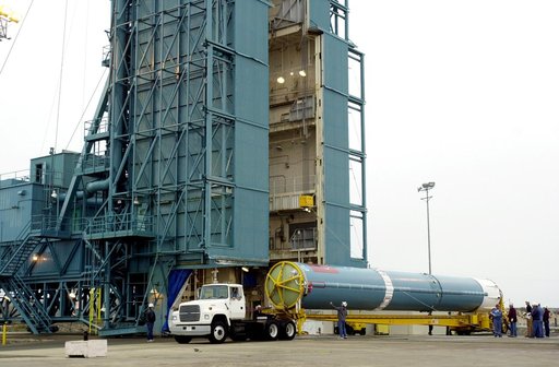 VANDENBERG AFB, CALIF. -  The first stage of the Delta II launch vehicle for the Gravity Probe B experiment arrives at Space Launch Complex 2, Vandenberg Air Force Base, Calif.  The Gravity Probe B will launch a payload of four gyroscopes into low-Earth polar orbit to test two extraordinary predicti