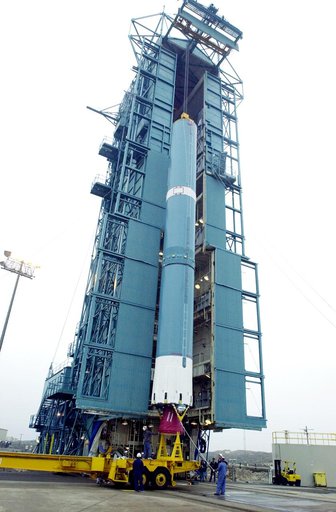 VANDENBERG AFB, CALIF. -  The first stage of the Delta II launch vehicle for the Gravity Probe B experiment is ready to be lifted up the mobile service tower on Space Launch Complex 2, Vandenberg Air Force Base, Calif.  The Gravity Probe B will launch a payload of four gyroscopes into low-Earth pola