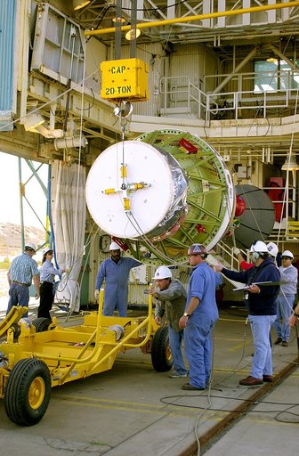 VANDENBERG AFB, CALIF. - The second stage of the Delta II launch vehicle for the Gravity Probe B experiment is lifted off the transporter after its arrival on Space Launch Complex 2, Vandenberg Air Force Base, Calif.  The Gravity Probe B will launch a payload of four gyroscopes into low-Earth polar 