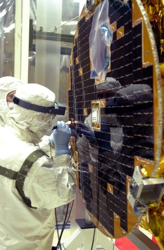 VANDENBERG AIR FORCE BASE, CALIF. -  At Vandenberg AFB, Calif., a solar array is tested before installing on the SciSat-1 spacecraft.  The SciSat-1 weighs approximately 330 pounds and after launch will be placed in a 400-mile-high polar orbit to investigate processes that control the distribution of