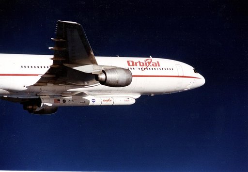 VANDENBERG AIR FORCE BASE, CALIF. -  The L-1011 carrier aircraft is in flight with its cargo of the Pegasus launch vehicle and SciSat-1 spacecraft underneath. The SciSat-1 weighs approximately 330 pounds and after launch will be placed in a 400-mile-high polar orbit to investigate processes that con