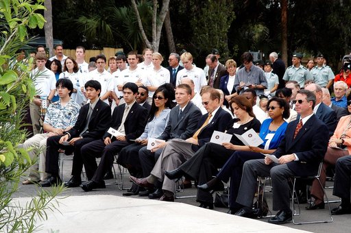 KENNEDY SPACE CENTER, FLA. -- Family members of the STS-107 astronauts and other dignitaries gather for the dedication ceremony of the Columbia Village at the Florida Institute of Technology in Melbourne, Fla.  Each of the seven new residence halls in the complex is named for one of the STS-107 astr