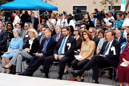 KENNEDY SPACE CENTER, FLA. -- Family members of the STS-107 astronauts and other dignitaries gather for the dedication ceremony of the Columbia Village at the Florida Institute of Technology in Melbourne, Fla.  Each of the seven new residence halls in the complex is named for one of the STS-107 astr