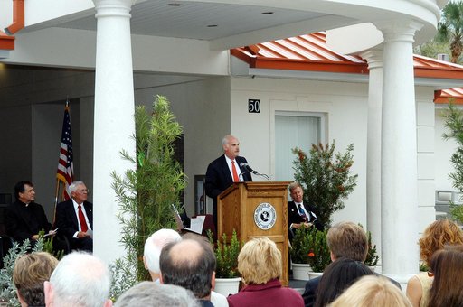 KENNEDY SPACE CENTER, FLA. -- NASA Associate Administrator for Space Flight William F. Readdy addresses the family members of the STS-107 astronauts, other dignitaries, members of the university community and the public gathered for the dedication ceremony of the Columbia Village at the Florida Inst