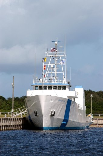 KENNEDY SPACE CENTER, FLA. -  The Freedom Star is berthed at the Turn Basin near the Vehicle Assembly Building.  The ship has recently returned to KSC after refurbishment at Fort George Island, Fla., including new paint.  Freedom Star is one of the solid rocket booster (SRB) retrieval ships built to