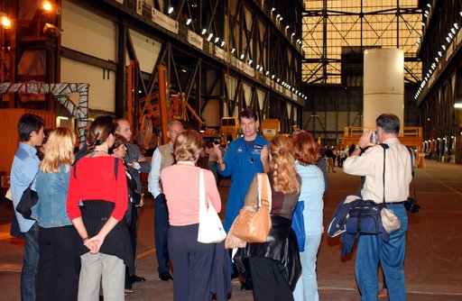 KENNEDY SPACE CENTER, FLA. - Members of the North American Treaty Organization (NATO) Parliamentary Assembly visit the Vehicle Assembly Building during their tour of KSC. They are listening to comments from Italian astronaut Paolo Angelo Nespoli, who is with the European Space Agency.  The members a