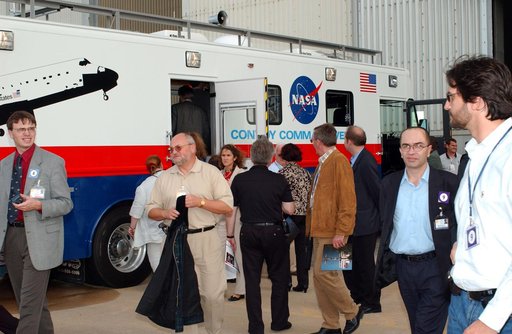 KENNEDY SPACE CENTER, FLA. - During their tour of KSC, members of the North American Treaty Organization (NATO) Parliamentary Assembly visit the Convoy Command Center, the prime vehicle to control critical communications between the orbiter, the crew and the Launch Control Center after a Shuttle lan