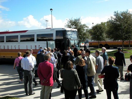 KENNEDY SPACE CENTER, FLA. - After their tour of KSC, members of the North American Treaty Organization (NATO) Parliamentary Assembly board their tour bus to return to Orlando.   The Parliamentarians are meeting in Orlando this year for their 49th annual gathering.  They chose to visit KSC with thei