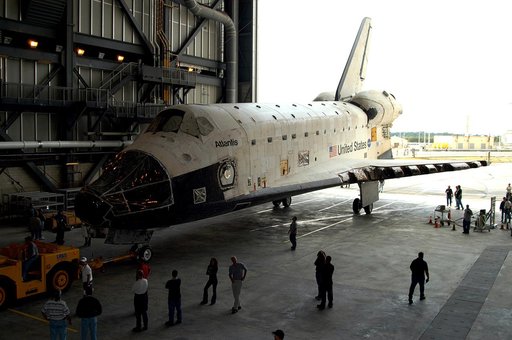KENNEDY SPACE CENTER, FLA. - The Space Shuttle orbiter Atlantis is moved into high bay 4 of the Vehicle Assembly Building (VAB).  It was towed from the Orbiter Processing Facility (OPF) to allow work to be performed in the bay that can only be accomplished while it is empty. Work scheduled in the pr