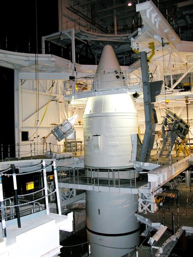 KENNEDY SPACE CENTER, FLA. -  In the Vehicle Assembly Building, the forward assembly of this solid rocket booster (SRB) is ready for destacking, part of time and cycle activities. The SRB was part of the stack on Atlantis originally scheduled for a March 1, 2003, launch on mission STS-114.  The SRBs