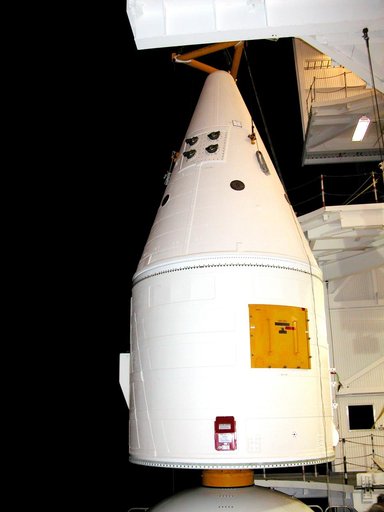 KENNEDY SPACE CENTER, FLA. -  In the Vehicle Assembly Building, the forward assembly (nose cap and frustum) is lifted away from the solid rocket booster (SRBThe destacking is part of time and cycle activities.  The SRB was part of the stack on Atlantis originally scheduled for a March 1, 2003, launc