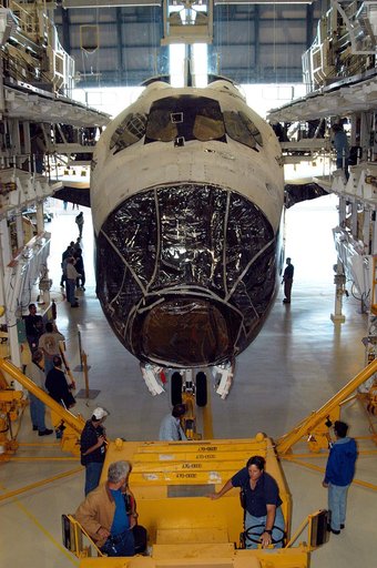 KENNEDY SPACE CENTER, FLA. -  The orbiter Atlantis is back inside the Orbiter Processing Facility after spending 10 days in the Vehicle Assembly Building.  The hiatus in the VAB allowed work to be performed in the OPF that can only be accomplished while the bay is empty. Work included annual validat