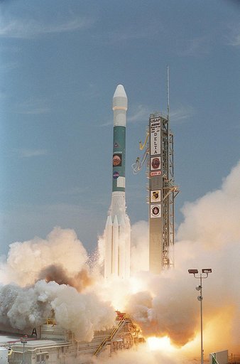 KENNEDY SPACE CENTER, FLA. -   With smoke and steam billowing beneath, the Delta II rocket with its Mars Exploration Rover (MER-A) payload leaps off the launch pad into the blue sky to begin its journey to Mars.  Liftoff occurred on time at 1:58 p.m. EDT from Launch Complex 17-A, Cape Canaveral Air 