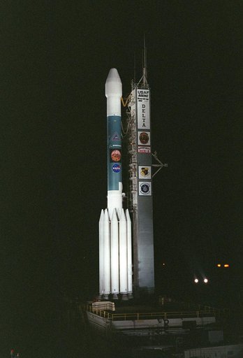KENNEDY SPACE CENTER, FLA. - On Launch Complex 17-B, Cape Canaveral Air Force Station, the Delta II Heavy launch vehicle carrying the second Mars Exploration Rover, Opportunity, is poised for launch after rollback of the Mobile Service Tower.  Opportunity will reach Mars on Jan. 25, 2004. Together t