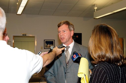 KENNEDY SPACE CENTER, FLA. -- Mike O’Neal, with the KSC Spaceport Technology Development Office, talks to the media at the NASA-KSC News Center after viewing President George W. Bush’s message on the future of NASA.  The President stated his goals for NASA’s new mission: Completing the International