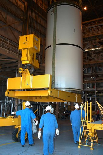 KENNEDY SPACE CENTER, FLA. -  In the Rotation Processing and Surge Facility, an SRB solid segment is being lifted and moved to a rail car for shipment to Utah for testing.  The segment was part of the STS-114 stack.  It is the first time actual flight segments that had been stacked for flight in the