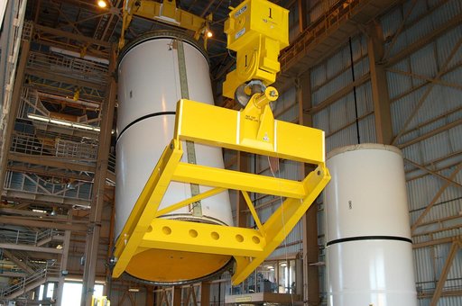 KENNEDY SPACE CENTER, FLA. -  In the Rotation Processing and Surge Facility, an SRB solid segment is being lifted and moved to a rail car for shipment to Utah for testing.  The segment was part of the STS-114 stack.  It is the first time actual flight segments that had been stacked for flight in the