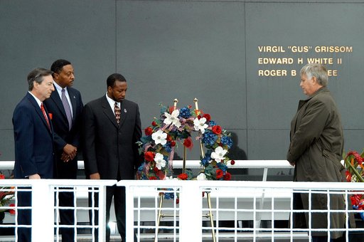 KENNEDY SPACE CENTER, FLA. -  During a memorial service remembering and honoring the crew of Columbia, President of the Astronaut Memorial Foundation Dr. Stephen Feldman, Executive Director of Florida Space Authority Winston Scott, KSC Deputy Director Woodrow Whitlow Jr. and Center Director Jim Kenn