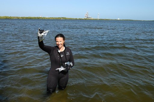 KENNEDY SPACE CENTER, FLA. - Karen Holloway-Adkins, KSC wildlife specialist, shows a sample of the sea grass she collected from the floor of the Banana River.  She is studying the life history of sea turtles, especially what they eat, where they lay their eggs and what factors might harm their survi