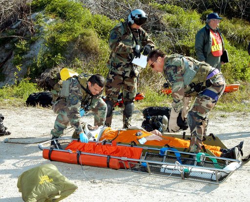 KENNEDY SPACE CENTER, FLA. - A helicopter rescue team prepares another “injured” astronaut for transportation to a local hospital.  They are all taking part in a “Mode VII” emergency landing simulation at Kennedy Space Center.  The purpose of the Mode VII is to exercise emergency preparedness person
