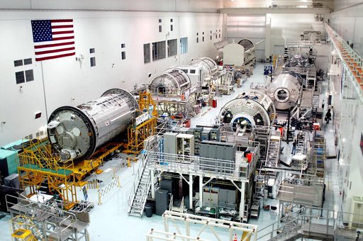 KENNEDY SPACE CENTER, FLA. - This view reveals all three Multi-Purpose Logistics Modules on the floor of the Space Station Processing Facility.  This is the first time all three - Leonardo, Raffaello and Donatello -- have been in one location.  Donatello has been stored in the Operations and Checkou