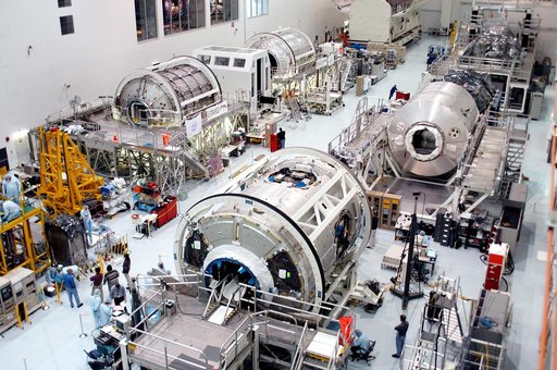 KENNEDY SPACE CENTER, FLA. - All three Multi-Purpose Logistics Modules are on the floor of the Space Station Processing Facility.  This is the first time the three - Leonardo, Raffaello and Donatello -- have been in one location.  Donatello has been stored in the Operations and Checkout Building sin