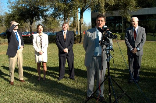 KENNEDY SPACE CENTER, FLA. - Congressman Dave Weldon talks to the media at the Central Florida Research Park, near Orlando.  He, NASA Administrator Sean O’Keefe and other government officials were at the park for a presentation about the assets of the research park as the site of NASA’s new Shared S