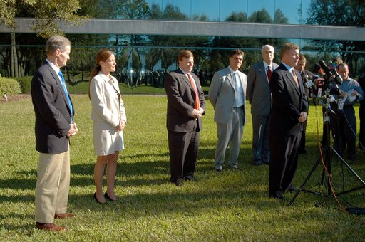 KENNEDY SPACE CENTER, FLA. - Florida Congressman Tom Feeney talks to the media at the Central Florida Research Park, near Orlando.  He, NASA Administrator Sean O’Keefe and government officials were at the park for a presentation about the assets of the research park as the site of NASA’s new Shared 