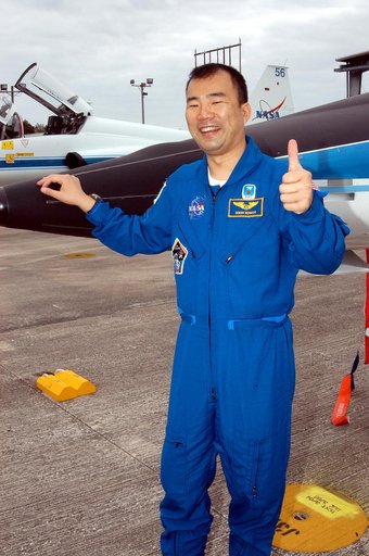 KENNEDY SPACE CENTER, FLA. - STS-114 Mission Specialist Soichi Noguchi is happy to be back at KSC after arriving aboard a T-38 jet aircraft.  He and other crew members are at the Center for familiarization activities with equipment.   The mission is Logistics Flight 1, scheduled to deliver the Multi