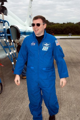 KENNEDY SPACE CENTER, FLA. - STS-114 Pilot Jim Kelly is pleased to be back at KSC after arriving aboard a T-38 jet aircraft.  He and other crew members are at the Center for familiarization activities with equipment.   The mission is Logistics Flight 1, scheduled to deliver the Multi-Purpose Logisti