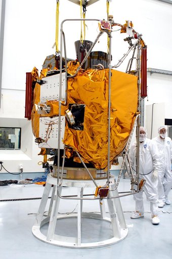 KENNEDY SPACE CENTER, FLA. -  At the Astrotech Space Operations processing facilities, NASA’s MESSENGER spacecraft is secure after transfer to the work stand. There employees of the Johns Hopkins University Applied Physics Laboratory, builders of the spacecraft, will perform an initial state-of-heal