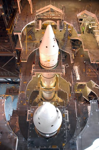 Shuttle Boosters stacked in the VAB
