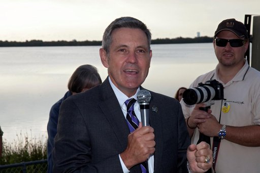 CAPE CANAVERAL, Fla. - NASA Kennedy Space Center Director Bob Cabana talks to a crowd of spectators gathered at the Banana Creek Viewing Site near the Saturn V Center at NASA's Kennedy Space Center in Florida to watch the launch of space shuttle Endeavour. The shuttle lifted off on its STS-134 missi