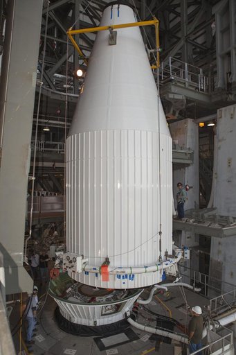 TDRS-L spacecraft lift to mate on Atlas V