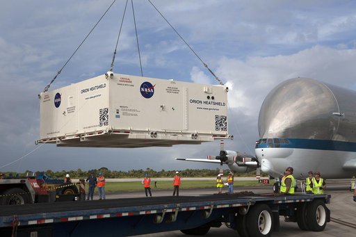 Orion EM-1 Heat Shield Offload, Transport, and Lift