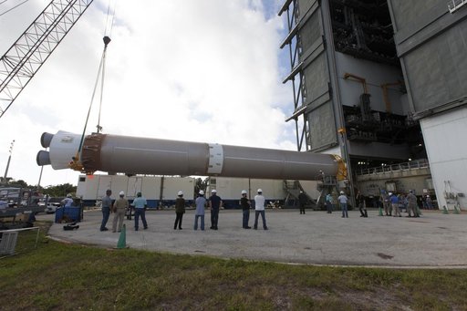 TDRS-M Atlas V First Stage Booster Lift to Vertical on Stand (LV