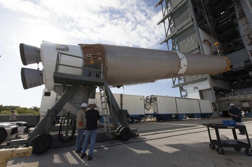 TDRS-M Atlas V First Stage Booster Lift to Vertical on Stand (LV