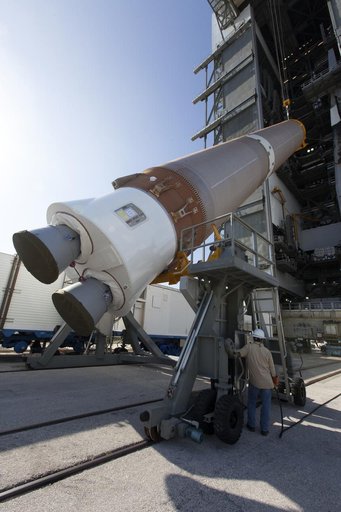 TDRS-M Atlas V First Stage Booster Lift to Vertical on Stand (LV