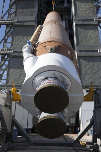 TDRS-M Atlas V First Stage Booster Lift to Vertical on Stand (LV
